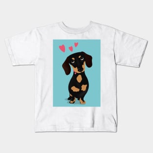 Cute Cartoon Dachshund with Three Pink Hearts Kids T-Shirt